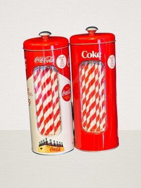 Retro Style Coca Cola Tin Straw Containers with Staws